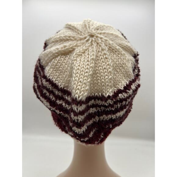 Knit Woven Wide Cream Burgundy Red Stripe Beanie Knit Hat Boho XS - Picture 5 of 8